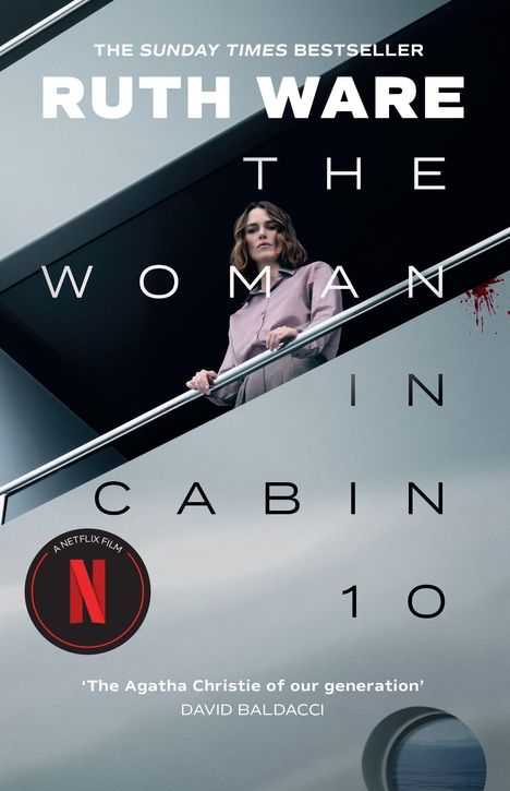 "The Sunday Times Bestseller" oben, "Ruth Ware" groß, "The Woman in Cabin 10", Frau an einer Reling, Netflix-Logo links.