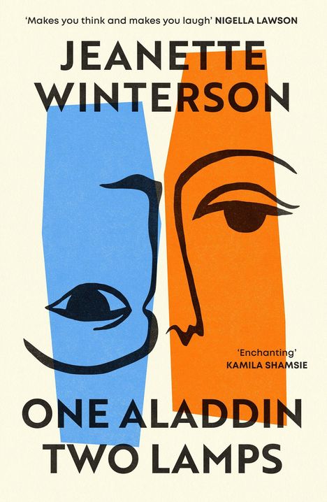 "One Aladdin Two Lamps" von Jeanette Winterson. Illustration: Zwei stilisierte Gesichter in blau und orange.
