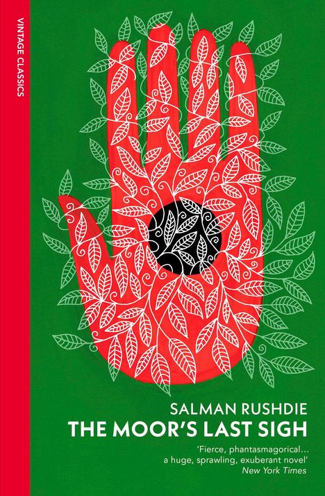 Salman Rushdie, Moor's Last Sigh. Rote Hand mit weißen Blättern auf grünem Hintergrund.