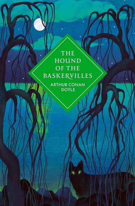 „The Hound of the Baskervilles“ von Arthur Conan Doyle, grüne Diamantform, Nachtlandschaft mit Bäumen und Hundesilhouette.