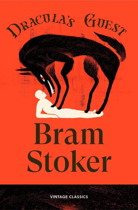 „Dracula's Guest“, Bram Stoker. Schwarzer Wolf über weißer Person auf rotem Hintergrund.