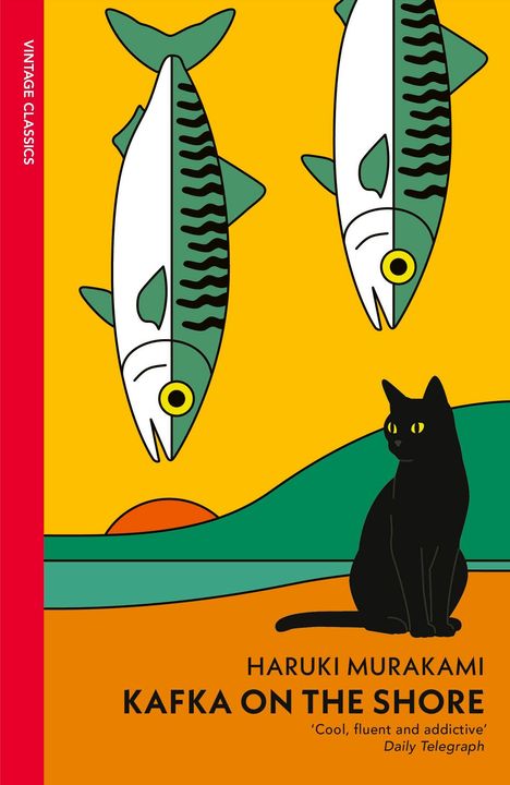 HARUKI MURAKAMI, KAFKA ON THE SHORE. Schwarze Katze, zwei Fische, Landschaft in Gelb und Grün.