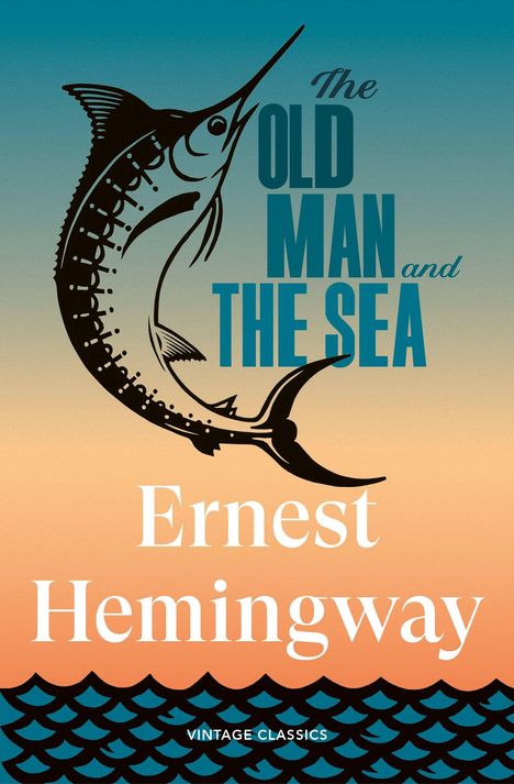 "The Old Man and The Sea. Ernest Hemingway. Illustration eines springenden Fisches vor blauem und orangefarbenem Hintergrund."
