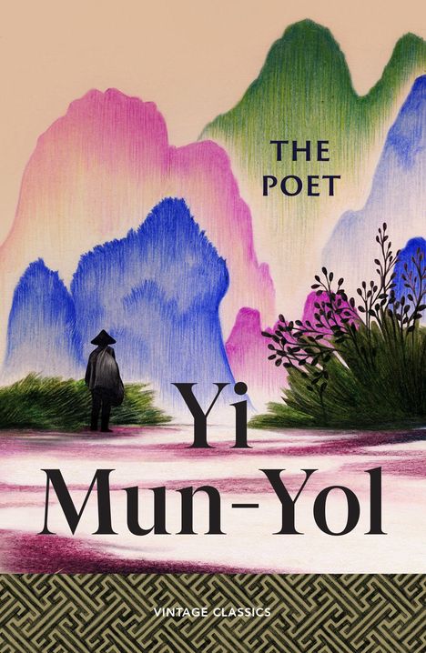 „The Poet“, „Yi Mun-Yol“. Illustration: Bunte Berge, Mann im Umhang vor Naturkulisse.