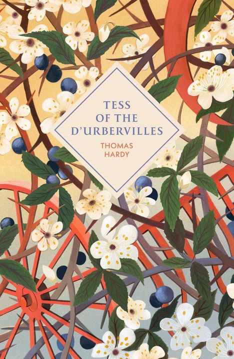 Ein Buchcover von "Tess of the D'Urbervilles" von Thomas Hardy. Illustration: Blumen und Blätter vor einem Rad.