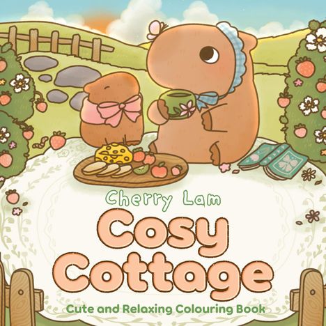 "Cherry Lam Cosy Cottage: Cute and Relaxing Colouring Book". Zwei putzige Tiere picknicken in einer idyllischen Landschaft.