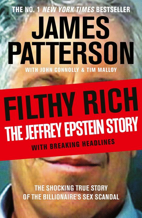 "FILTHY RICH: THE JEFFREY EPSTEIN STORY" in großem roten Banner. Darunter ein Gesicht in Nahaufnahme.