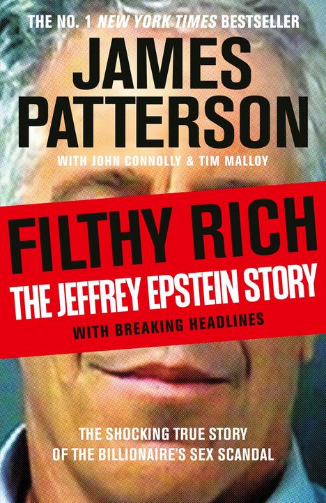 Der Text schlägt ein Buch mit dem Titel "Filthy Rich" vor. Darunter "The Jeffrey Epstein Story" und Autorenangaben. Hintergrund zeigt ein Gesicht.