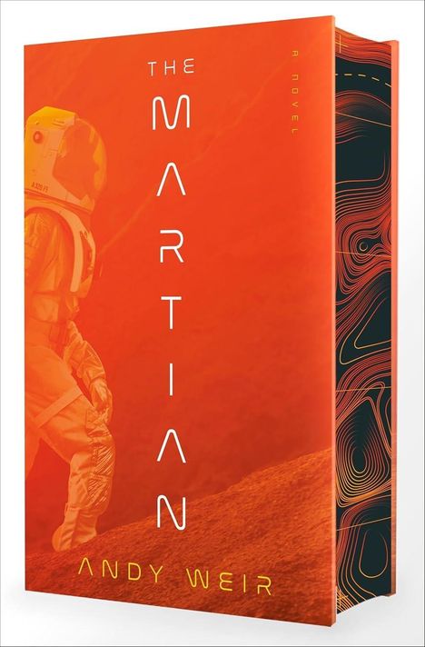 Text: "THE MARTIAN", "A NOVEL", "ANDY WEIR". Ein Astronaut in orange-rotem Anzug neben gezeichneten Linien.