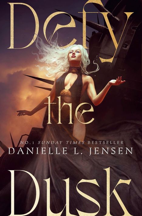 "Defy the Dusk" - Danielle L. Jensen. Eine Frau mit langem, weißem Haar steht vor einem dramatischen, dunklen Himmel.