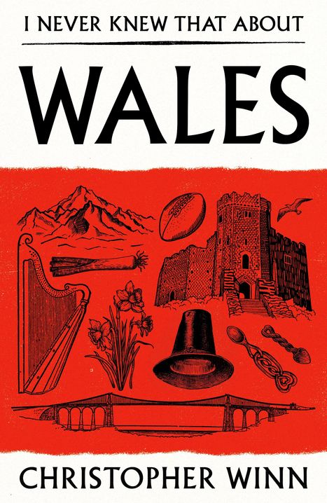 Text: "I Never Knew That About Wales" und "Christopher Winn". Illustration: Berg, Burg, Harfe, Blumen, Mütze, Brücke.