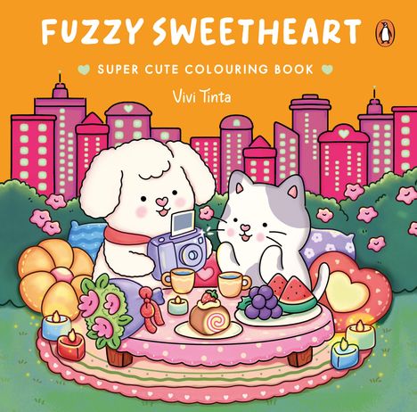 „FUZZY SWEETHEART“, „SUPER CUTE COLOURING BOOK“, „Vivi Tinta“. Illustration: Hund und Katze bei einem Picknick vor Stadt.