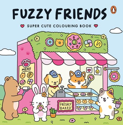 "Fuzzy Friends", "Super Cute Colouring Book". Illustration: Tiere an einem rosa Gebäckstand mit Donuts und Pflanzen.