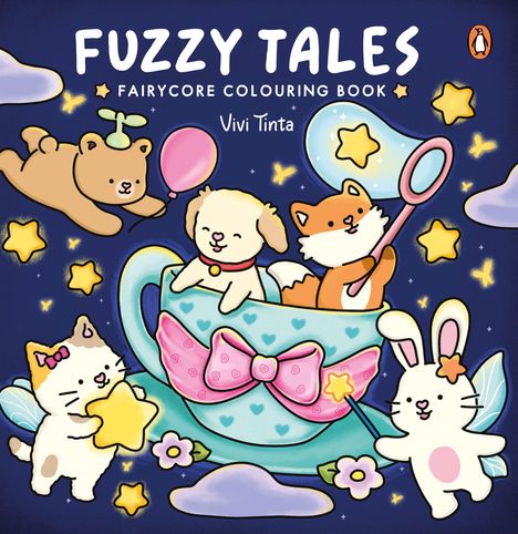 "Fuzzy Tales", "Fairycore Colouring Book", "Vivi Tinta". Illustration von süßen Tieren in einer Tasse mit Sternen.