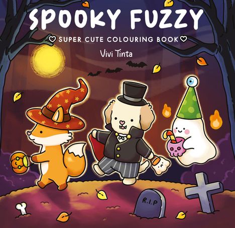 "Spooky Fuzzy, Super Cute Colouring Book, Vivi Tinta." Illustration mit verkleideten Tieren in Halloween-Kostümen auf einem Friedhof.