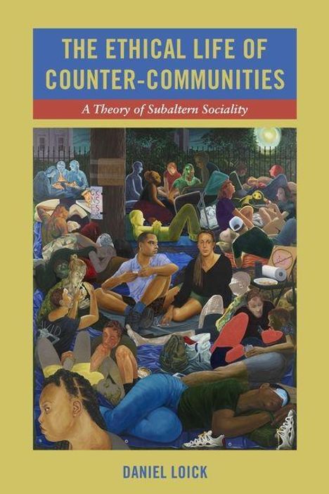 „THE ETHICAL LIFE OF COUNTER-COMMUNITIES“, Illustration von Menschen, die im Freien mit Büchern und Getränken sitzen.
