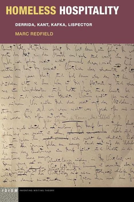 HOPELESS HOSPITALITY in weiß-gelb, Autoren: Derrida, Kant, Kafka, Lispector, Marc Redfield. Handgeschriebener Text als Hintergrund.
