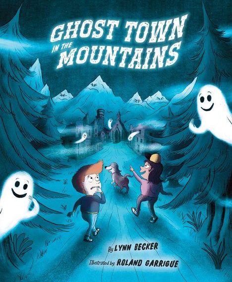 "Ghost Town in the Mountains." Zwei Kinder mit Hund in einem Wald, von Geistern umgeben, mit Bergen im Hintergrund.