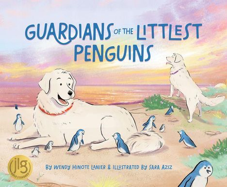 "GUARDIANS OF THE LITTLEST PENGUINS" auf Strand. Illustration mit Hunden und kleinen Pinguinen im Sonnenuntergang.
