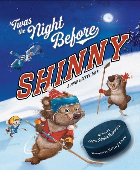 'Twas the Night Before SHINNY. Zwei Bären spielen Eishockey auf einem gefrorenen Teich, eine Eule fliegt vorbei.