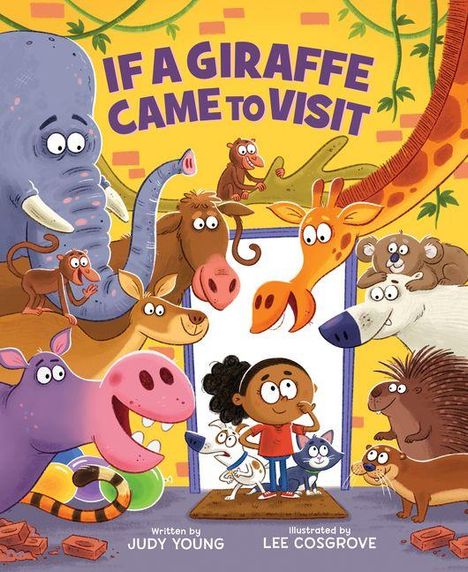 "IF A GIRAFFE CAME TO VISIT" in lila Buchstaben. Ein Kind und Tiere wie Elefant, Giraffe und Zebra lächeln freundlich.