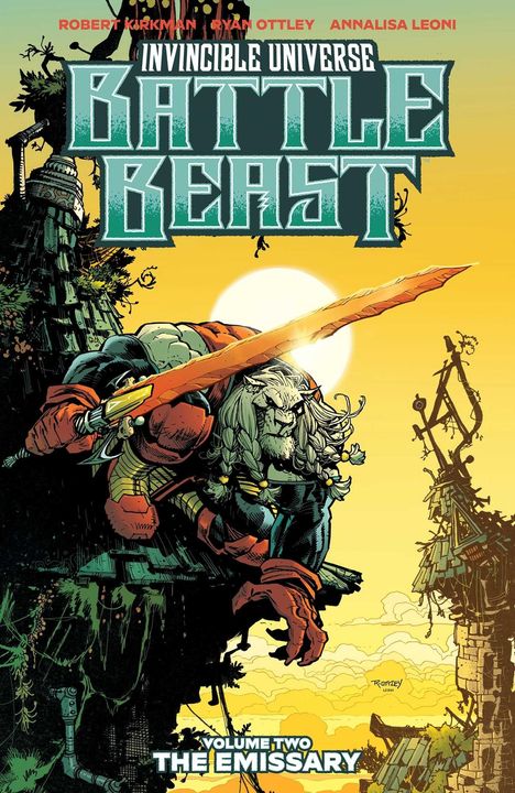 "Invincible Universe - Battle Beast - Volume Two: The Emissary" zeigt eine muskulöse Kreatur mit Schwert vor einer Ruine.