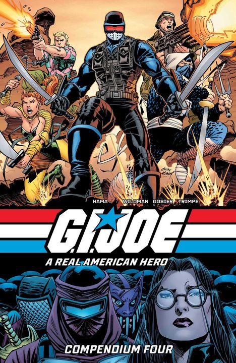 "G.I. Joe: A Real American Hero, Compendium Four." Illustration, Figuren mit Schwertern, Waffen und Explosionen im Hintergrund.