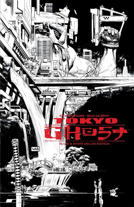 Text: "Rick Remender - Sean Murphy, Tokyo Ghost, Black & White Deluxe Edition." 
Illustration einer futuristischen Stadt mit Wasserfällen.