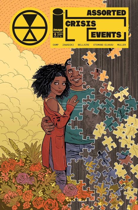 "Assorted Crisis Events." Eine Frau und ein Mann stehen arm in arm, während Teile von ihnen in Puzzlestücke zerfallen. Blumen im Vordergrund.