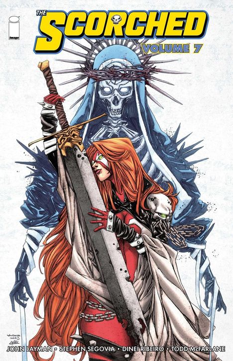 "THE SCORCHED VOLUME 7". Eine Illustration zeigt eine Frau mit rotem Haar, ein großes Schwert haltend, vor einem Skelett mit Dornenkrone.