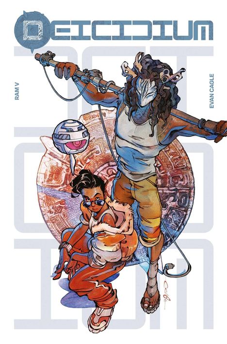 "DEICIDIUM", "RAM V", "EVAN CAGLE". Dynamische Illustration mit zwei futuristischen Figuren und schwebendem Roboter.