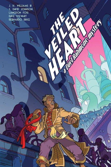 „THE VEILED HEART“ und „a Duel Rahnone mystery“ sind prominent. Ein Mann in Abenteurerkleidung schaut erschrocken.