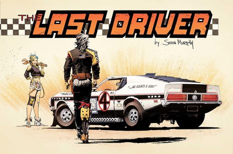 „The Last Driver“ Schriftzug, zwei Figuren vor einem weißen Rennwagen. Eine Figur hält einen Schraubenschlüssel.