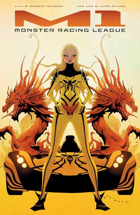 "MONSTER RACING LEAGUE" steht über einer Figur in gelbem Anzug, flankiert von roten Drachen und einem Rennauto.