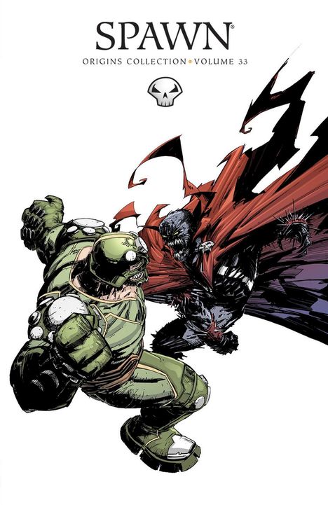 "SPAWN Origins Collection Volume 33". Zwei kämpfende Figuren, eine in rotem Umhang, die andere in grüner Rüstung.