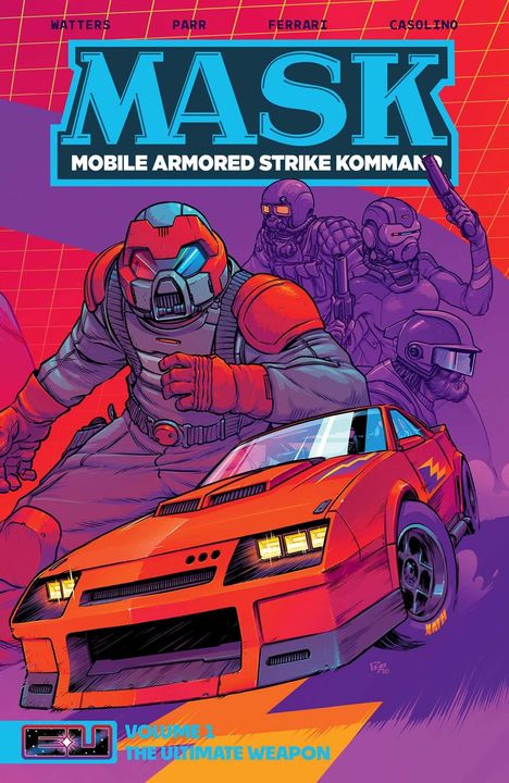 Logo mit Text "MASK: Mobile Armored Strike Kommand". Ein maskierter Kämpfer und Auto dynamisch illustriert.