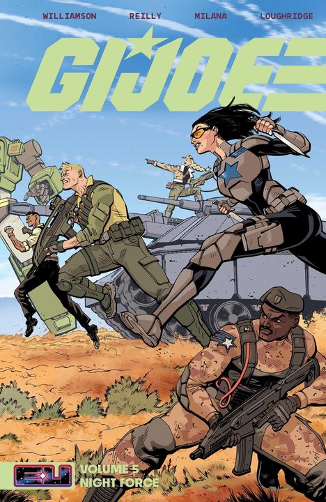 GIJOE, VOLUME 5, NIGHT FORCE. Eine dynamische Szene mit Soldaten, Panzern und Einsatzfahrzeugen in einer Wüstenlandschaft.