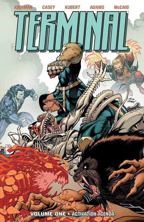"TERMINAL" mit Autoren "Kirkman, Casey, Kubert, Adams, McCaig". Actionreiche Illustration mit kämpfenden Figuren.