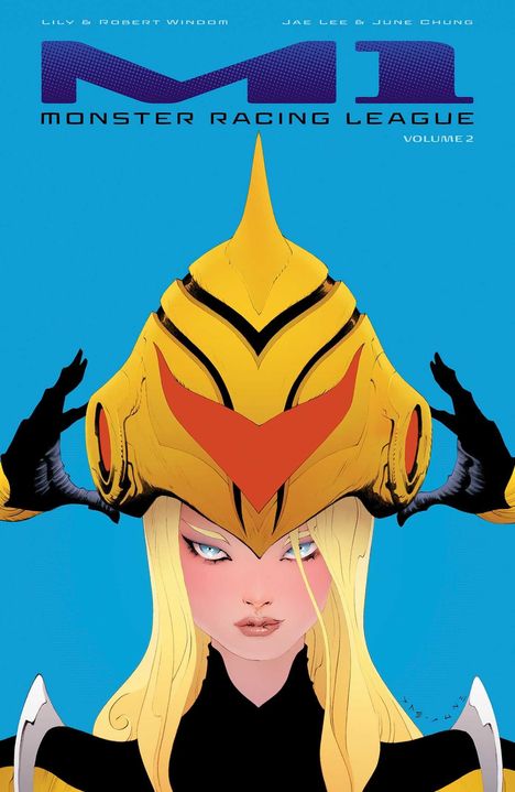 Illustration einer Figur mit goldenem Helm und blonder Haarpracht auf blauem Hintergrund.