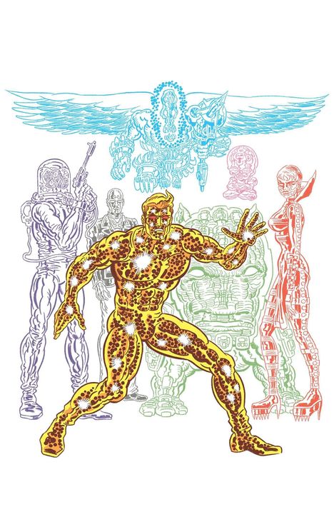 Keine Texte sichtbar. Illustration: Eine dynamische Figur im Vordergrund, umgeben von futuristischen Gestalten.