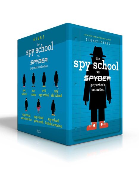 Auf blauem Hintergrund: "spy school vs. SPYDER paperback collection". Silhouette eines Agenten mit roten Schuhen.