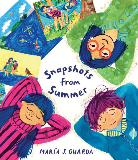 Das Cover zeigt drei entspannte Kinder und Sommerbilder. Text: "Snapshots from Summer" von María J. Guarda.