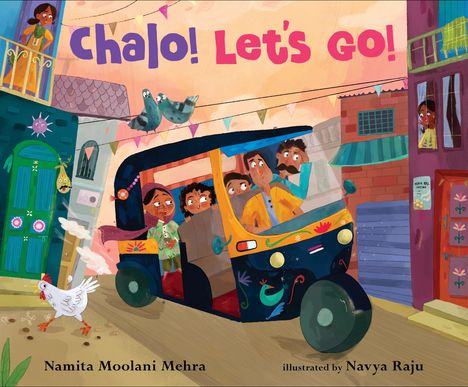 Text: "Chalo! Let's Go!" 

Eine bunte Illustration mit Menschen in einem Tuk-Tuk in lebhafter Straße.