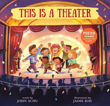 "THIS IS A THEATER". Kinder tanzen fröhlich auf einer Bühne, beobachtet von einem Publikum, in einer farbenfrohen Illustration.