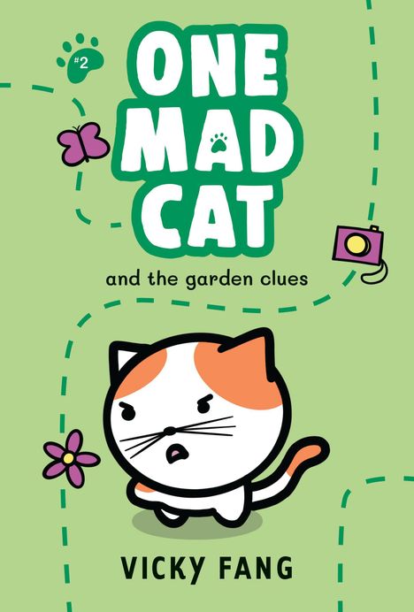 "ONE MAD CAT and the garden clues", "#2", "VICKY FANG". Illustration einer wütenden Katze, Schmetterling, Kamera, Blume.