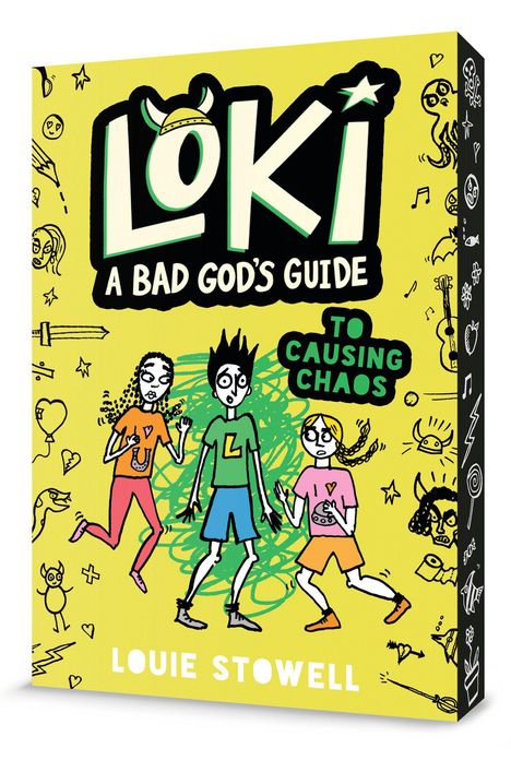 Text: "Loki: A Bad God's Guide to Causing Chaos" von Louie Stowell. Illustration: Drei Comicfiguren in bunter, chaotischer Szene.