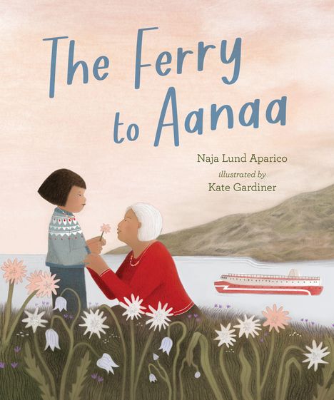 „The Ferry to Aanaa“ Illustration mit zwei Menschen in Blumenwiese, ein Schiff im Hintergrund.