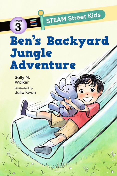"Ben's Backyard Jungle Adventure", Level 3, Bild: Junge rutscht mit blauem Elefanten auf Rutsche, glückliches Gesicht.