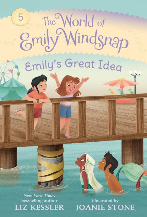 „5 The World of Emily Windsnap: Emily's Great Idea“, Illustration von Kindern auf einem Steg und Meerjungfrauen im Wasser.