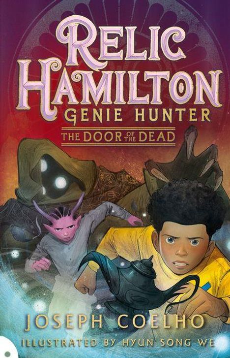 "Relic Hamilton: Genie Hunter, The Door of the Dead." Illustration zeigt Figuren in Abenteuerpose, Junge im Vordergrund.